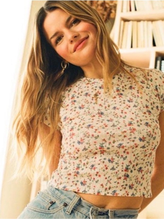 Sezane Tops - Sezane Camil T-shirt Melia Pointelle Floral Cropped Baby Doll Tee XL
